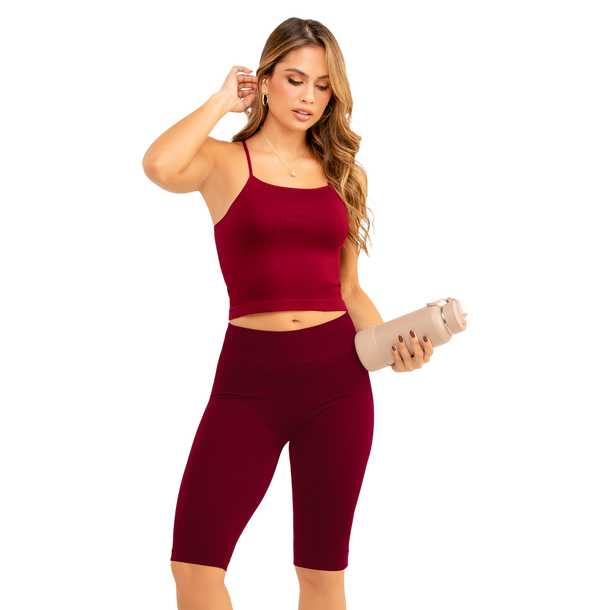 Set X2 Top y Biker Short Vino Acanalado