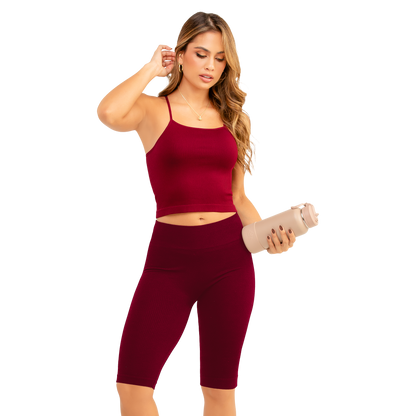 Set X2 Top y Biker Short Vino Acanalado