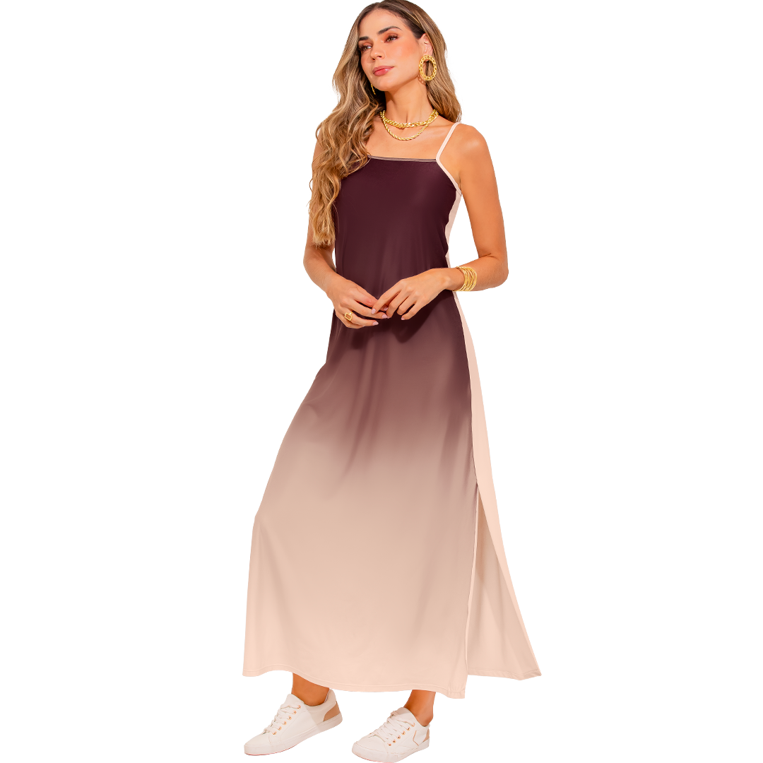 Vestido Largo Bicolor Rosa y Café con Abertura Lateral