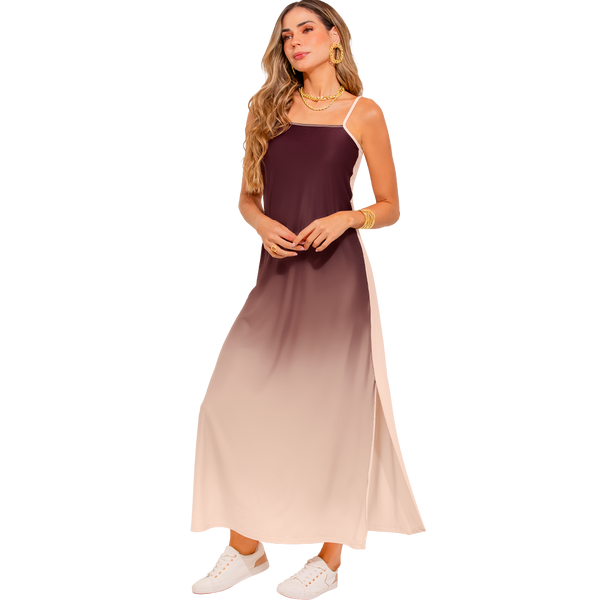 Vestido Largo Bicolor Rosa y Café con Abertura Lateral