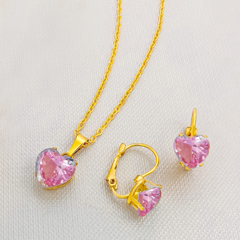 Juego En Acero Corazon Rosa