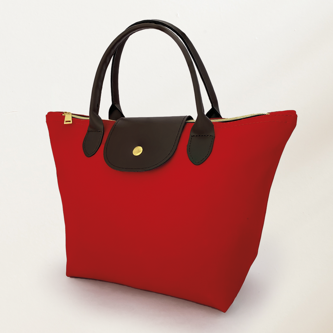 Bolso Sintetico -Tipo Cuero, Cierres Y Boton Dorado - Forrado  Rojo