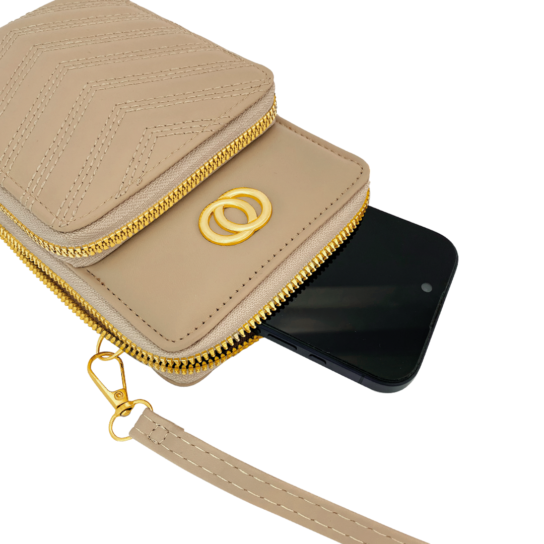 Bolso Sintetico-Tipo Cuero, Pequeño Con Metal Dorado  Beige