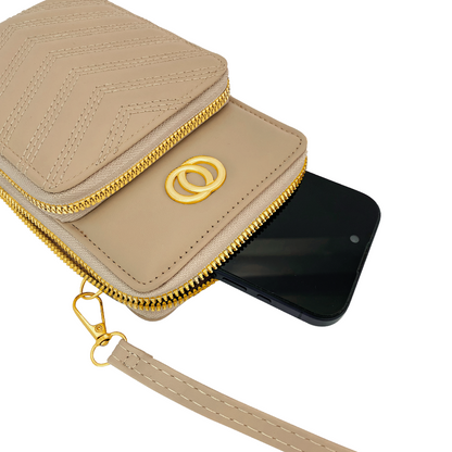 Bolso Sintetico-Tipo Cuero, Pequeño Con Metal Dorado  Beige