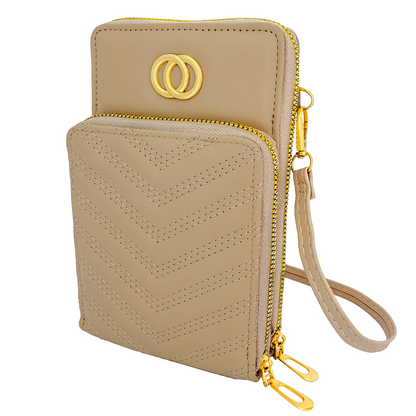 Bolso Sintetico-Tipo Cuero, Pequeño Con Metal Dorado  Beige