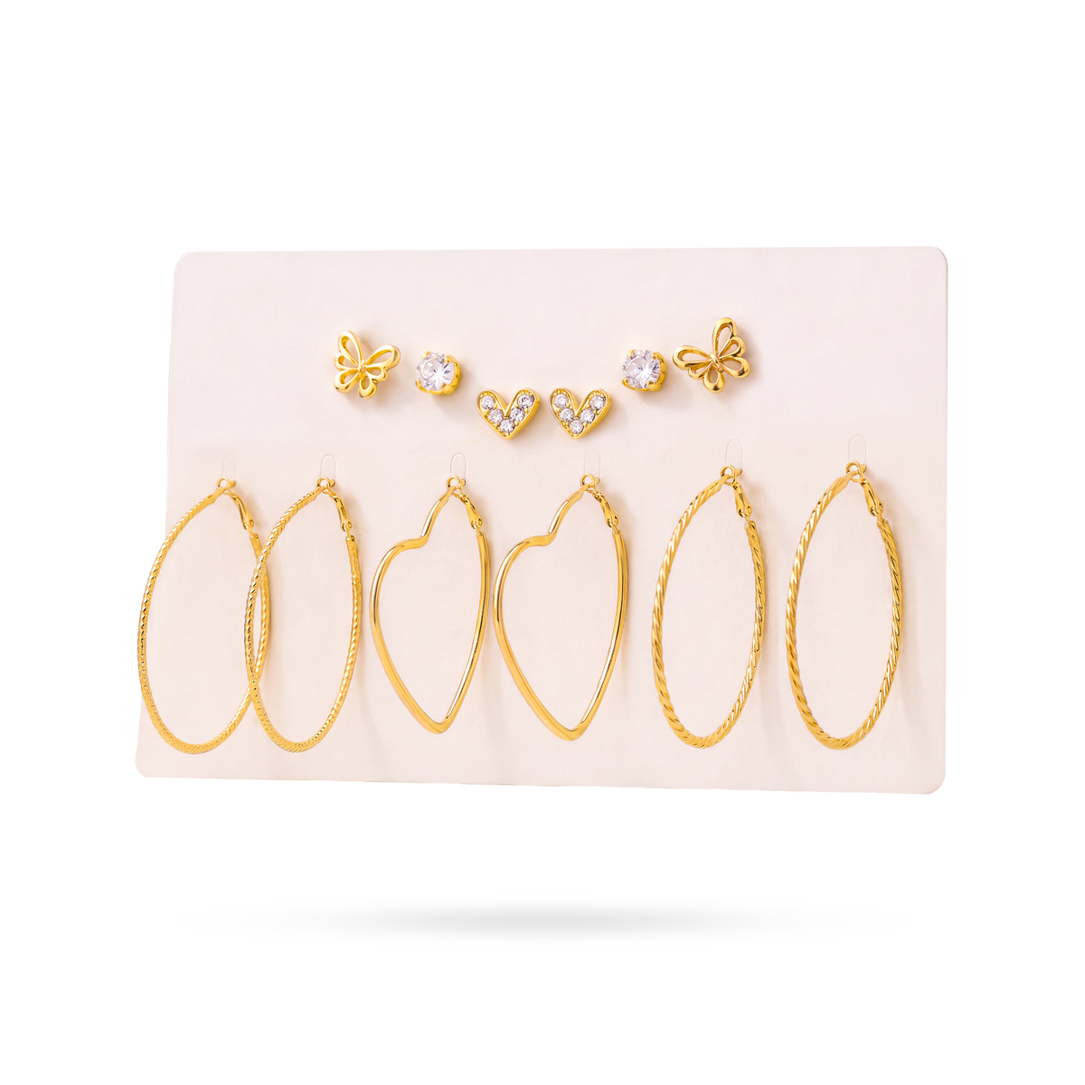 Set de Candongas y Topos Dorados con Corazón, Mariposa y Circones