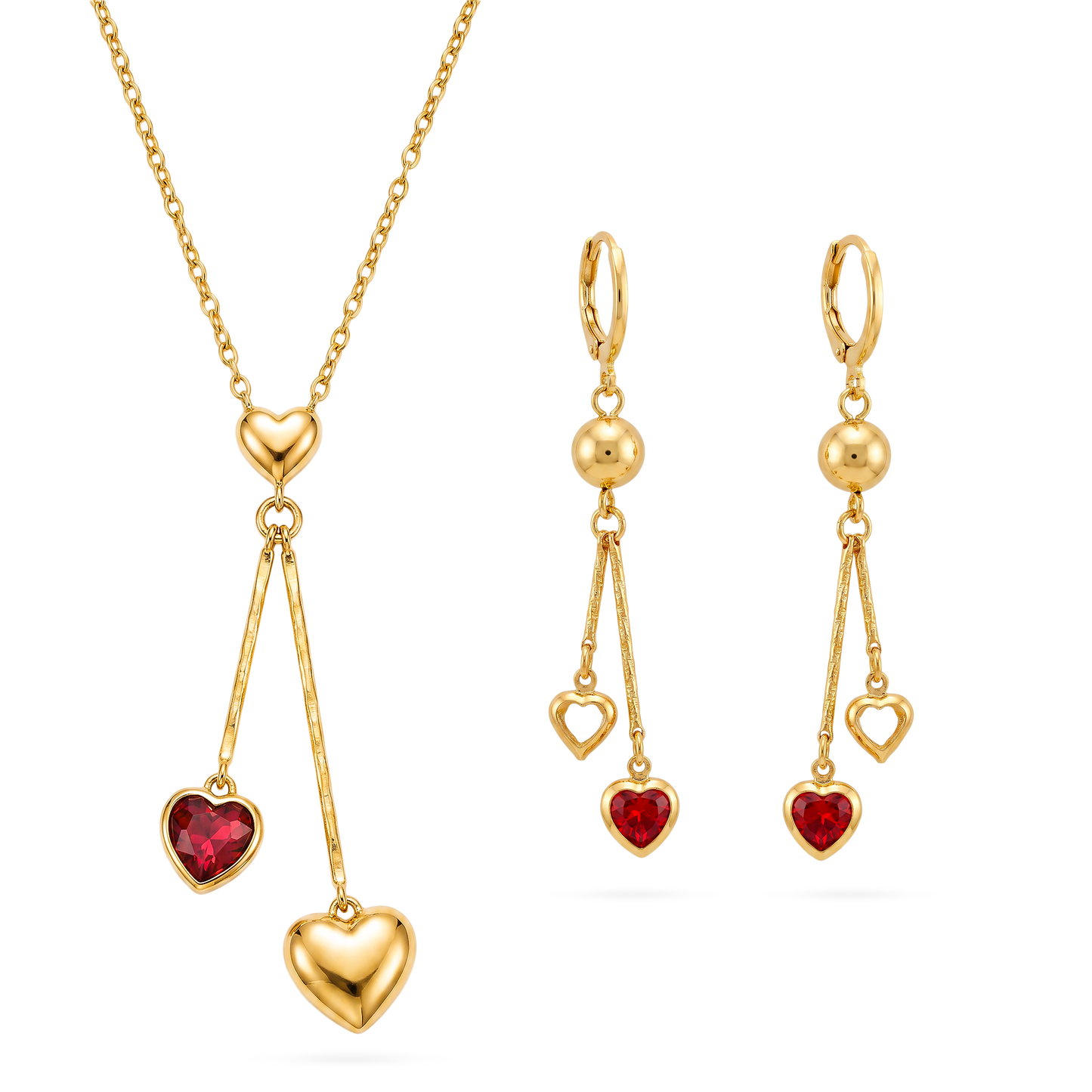 Juego Dorado con Dije y Aretes de Corazón Rojo