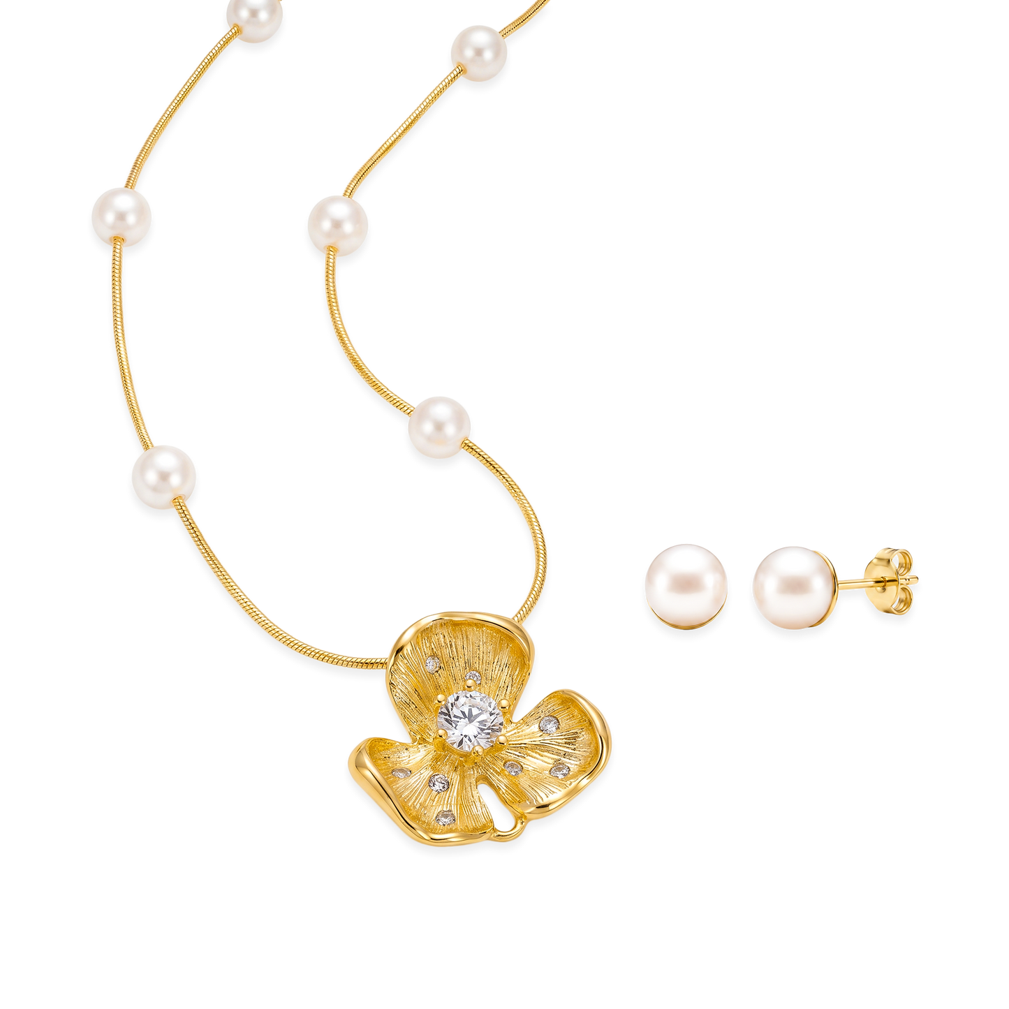 Juego Dorado de Collar y Aretes con Flor y Perlas