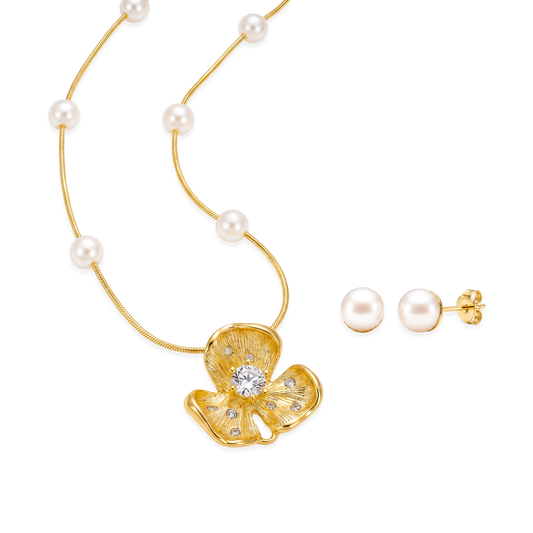 Juego Dorado de Collar y Aretes con Flor y Perlas