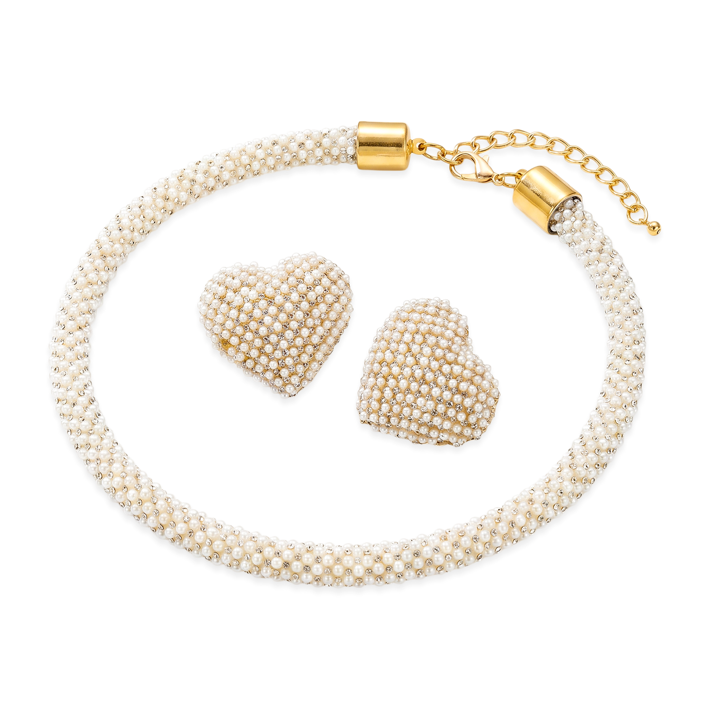 Juego Blanco de Collar y Aretes con Corazón de Perlas