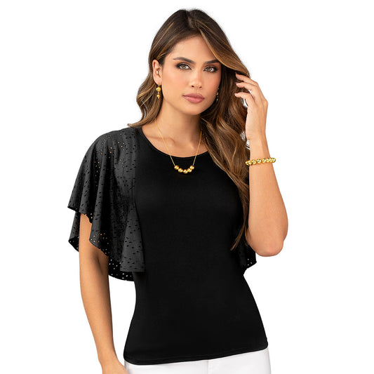 BLUSA EN POLIESTER SPANDEX/OJALILLO, SILUETA SEMIAJUSTADA